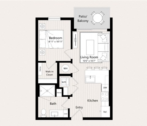Floor plan for 1 bed, 1 bath, 518 sqft